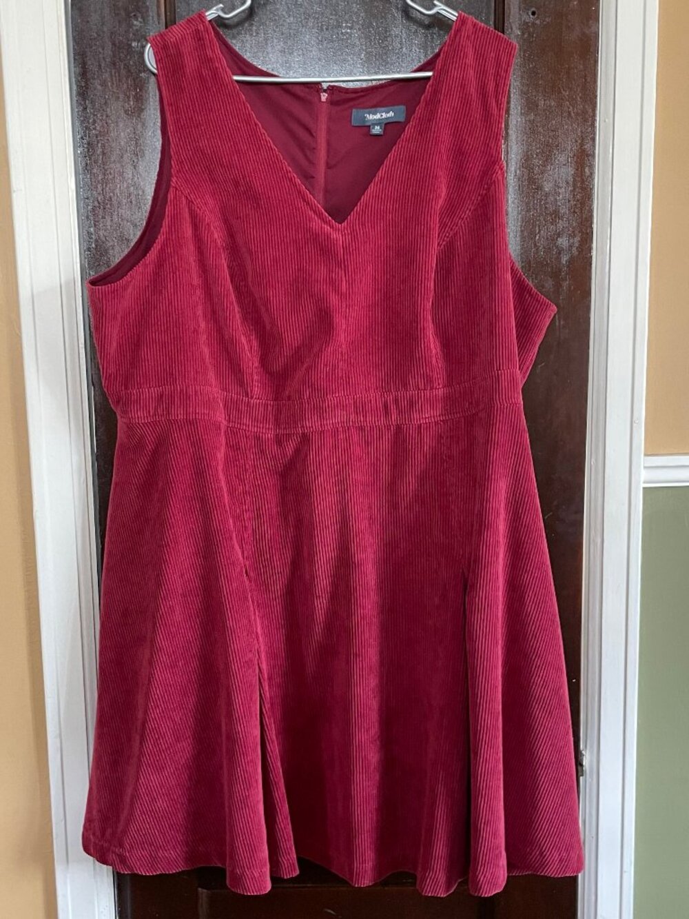 Red corduroy pinafore dress